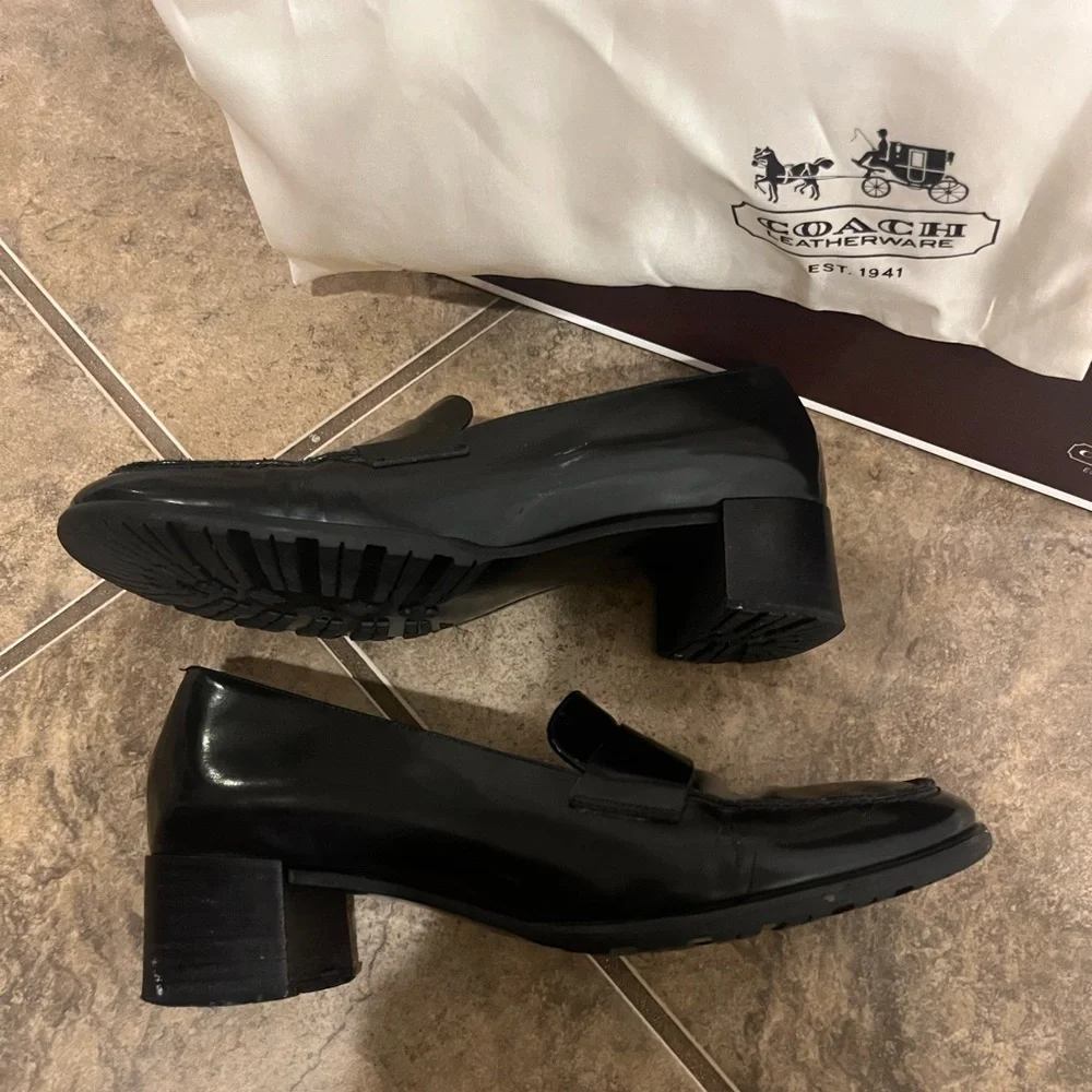 Coach Leather Black Patent Block Heeled Penny Loafer Shoes - Picture 3 of 10